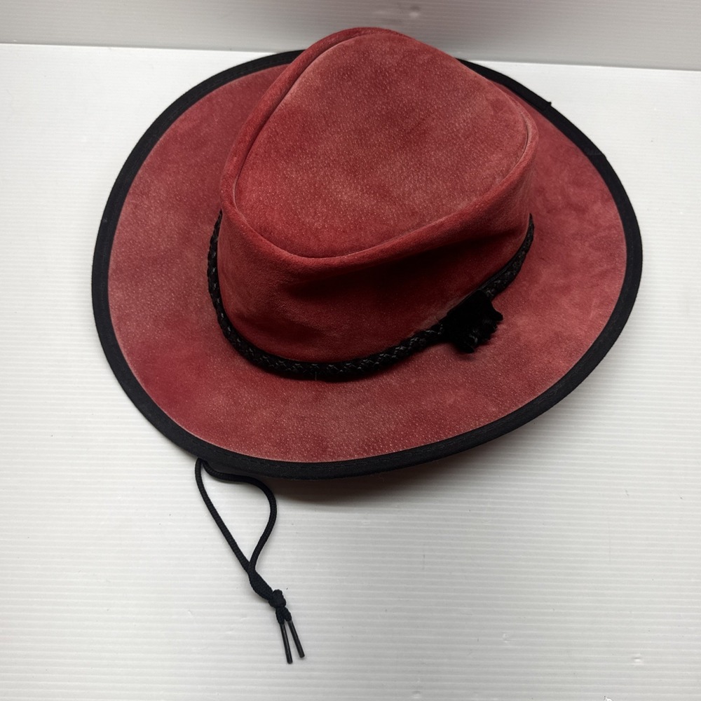 Zephyr Red & Black Suede Leather Outback Style Hat - Size M/L
